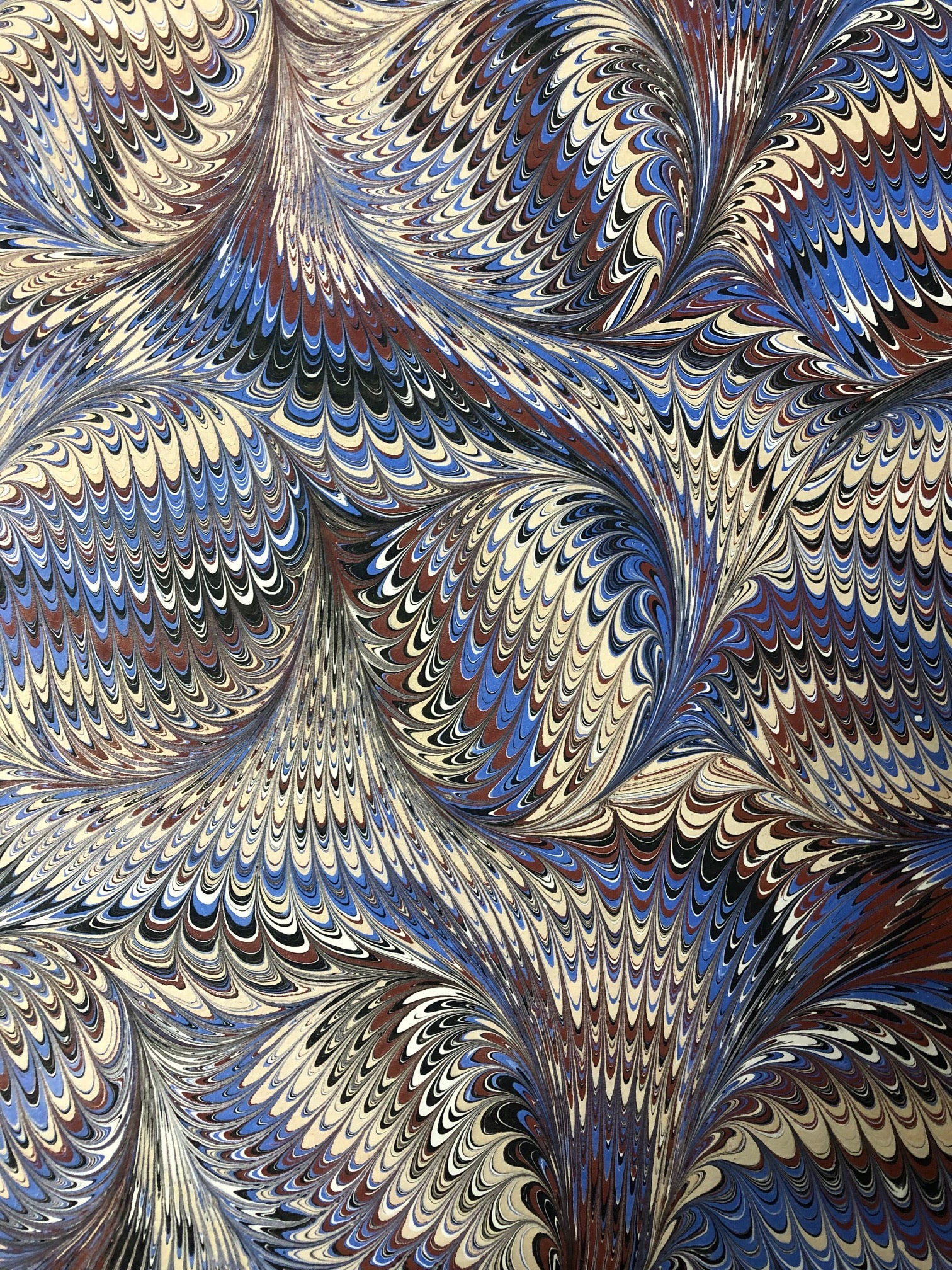 Blue Brown and Gold Feathered Hand Marbled Paper